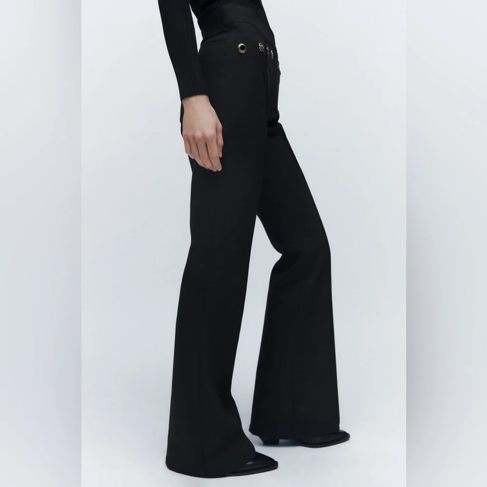 Zara Black Gold Button Detail Flared Pants - Picture 3 of 9